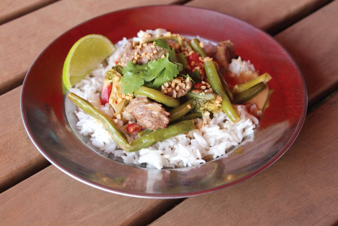 Stir fry and rice is an example of what you may enjoy on our Larapinta guided trips |  <i>Ayla Rowe</i>